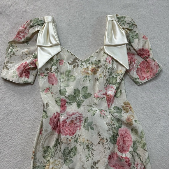 VTG 80s Midnight Glo Brocade Roses Puff Sleeve Bows Mini Dress S - Picture 4 of 9